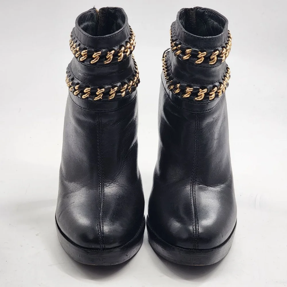 TORY BURCH Lysa Black‎ Leather Platform Chain Heeled Boots Size 9.5